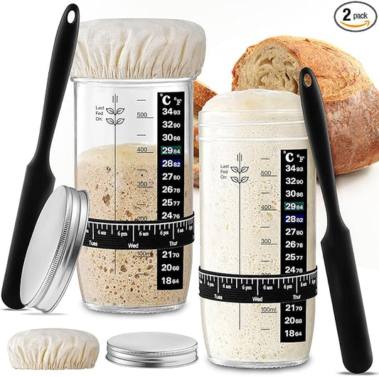 Glass Sourdough Starter Jar 2 Pack, 24 oz Wide Mouth Organic Sourdough Starter Kit with Date Marked Band, Thermometer, Cloth Cover & Metal Lid, Reusable Bread Baking Supplies, Bread Making Accessories