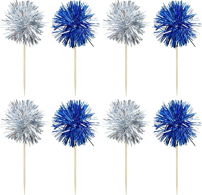 Gyufise 30Pcs Foil Firework Cupcake Toppers Sparkle Tinsel Cake Toppers Tinsel Drink Cake Decoration Cocktail Picks for Birthday Wedding Graduation Party Supplies Silver Dark Blue
