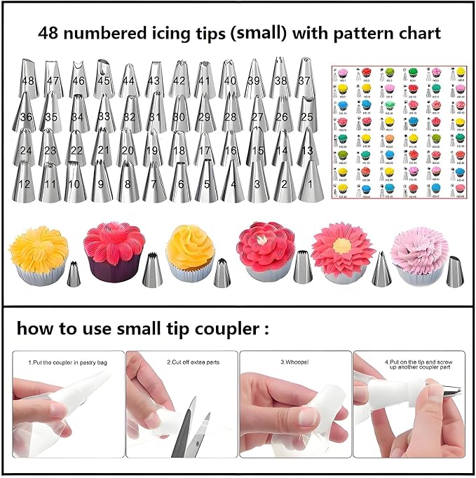 Piping Bags and Tips Set, 130 Pcs Baking Supplies | 48 Numbered Icing Tips, 7 Russian Tips, 1 Ball Tip, 2 Leaf Tips, 50 Pastry Bags & More for Cake Cupcake Decorating