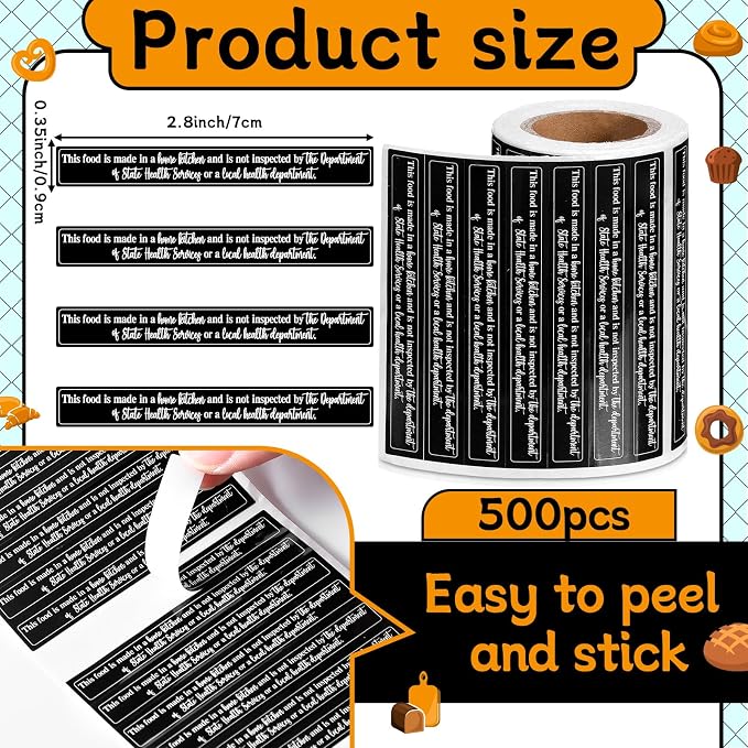 Marspark 500 Count Cottage Food Law Labels Stickers Made in A Home Kitchen Inspection Statement Thermal Printed Labels for Home Kitchen (2.8 x 0.35 Inch,Novelty,Black)