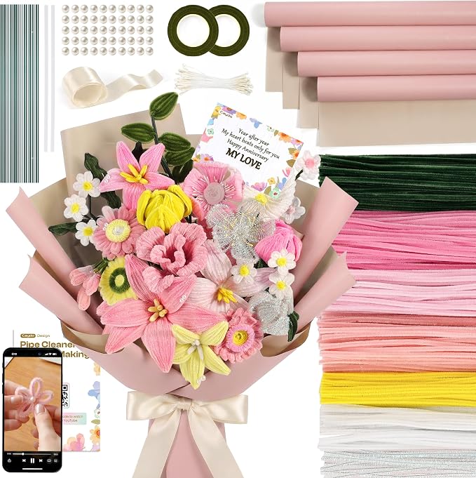 Caydo Pipe Cleaner Flower Kit, 700PCS 7 Colors Chenille Stems with Flower Bouquet Accessories and Tutorial Video for Making Pipe Cleaners Bouquets