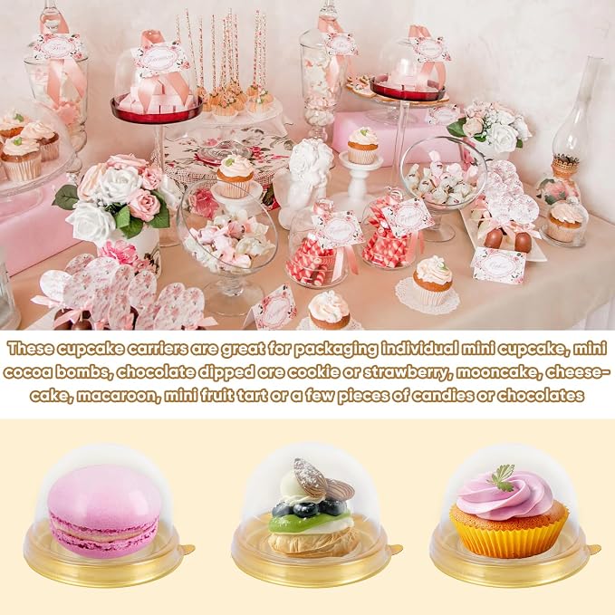 50 Pcs Mini Cake Containers with Clear Dome Lids, Clear Plastic Small Desserts Cupcake Boxes for Individual Chocolate Covered Cookies, Strawberry, Mooncake，Cheesecake, Cocoa Bomb (Gold)