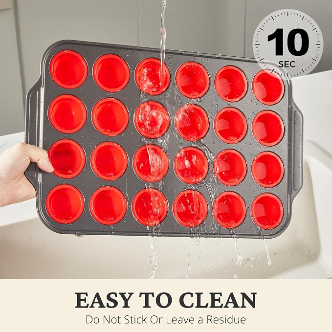 BRONYPRO Silicone Mini Muffin Pan with Metal Frame, Egg Bite Molds for Baking for Baking, Cupcake Pans 24 Regular Size, Muffin Tins Easy to Pop Nonstick Non Toxic Bakeware for Oven,Red