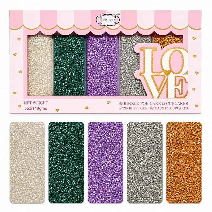 Confect Sprinkle Mix – 5-Pack Assorted Edible Sugar Crystals in White, Green, Purple, Silver & Gold –Alice in Wonderland Sparkling Sugar Sprinkle- Decorative Toppings for Cakes, Cupcakes & Cookies –Vegan, Gluten-Free, Nut-Free, Soy-Free, Dairy-Free, Pa...
