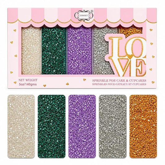 Confect Sprinkle Mix – 5-Pack Assorted Edible Sugar Crystals in White, Green, Purple, Silver & Gold –Alice in Wonderland Sparkling Sugar Sprinkle- Decorative Toppings for Cakes, Cupcakes & Cookies –Vegan, Gluten-Free, Nut-Free, Soy-Free, Dairy-Free, Pa...