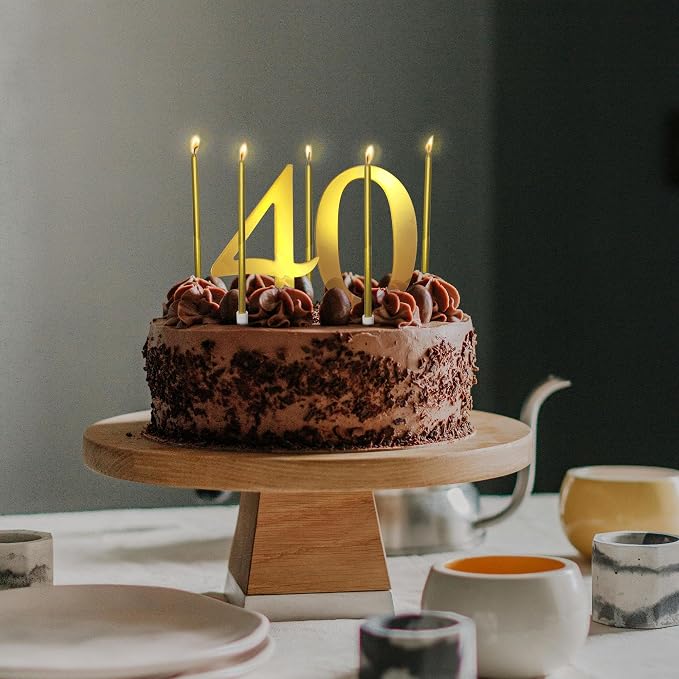 3.7IN Gold Acrylic Number 1-10 Cake Topper with 12 Gold Long Candles - Perfect for Birthday Party Supplies, Ideal for Cake Decoration (Number 40, Gold)