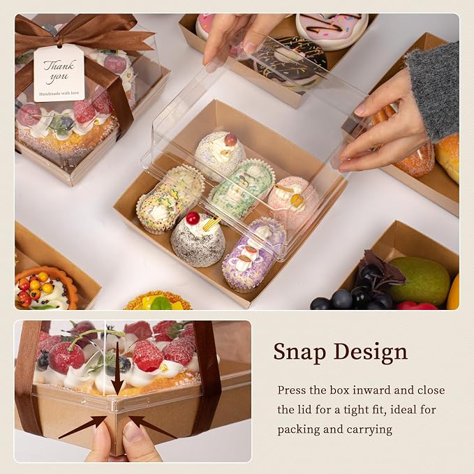 7 x 7 x 4 Inches Paper Cake Boxes with Clear Lids, 50 Pack Brown Charcuterie Boxes Large Square Food Containers, Disposable Bakery Boxes for Valentine's Day 4-6 Inch Bundt Cake, Pie, Dessert