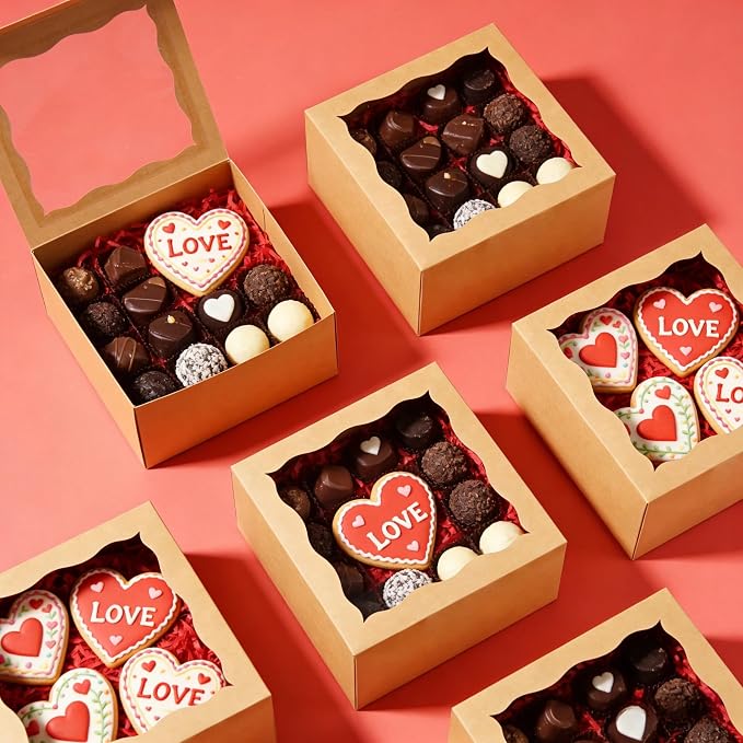 XINHPKGG 50 Pack Cookie Boxes 6x6x3 Inch Bakery Boxes with Window Treat Box Dessert Box for Macaron Mini Cake Chocolate Covered Strawberries Pastry -Brown