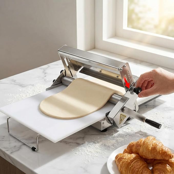 Dough Sheeter Manual, Adjustable Reversible Roller Machine for Bakery, 0-25mm Thickness for Croissants, Danish Pastries & Puff Pastry, Compact & Easy to Use
