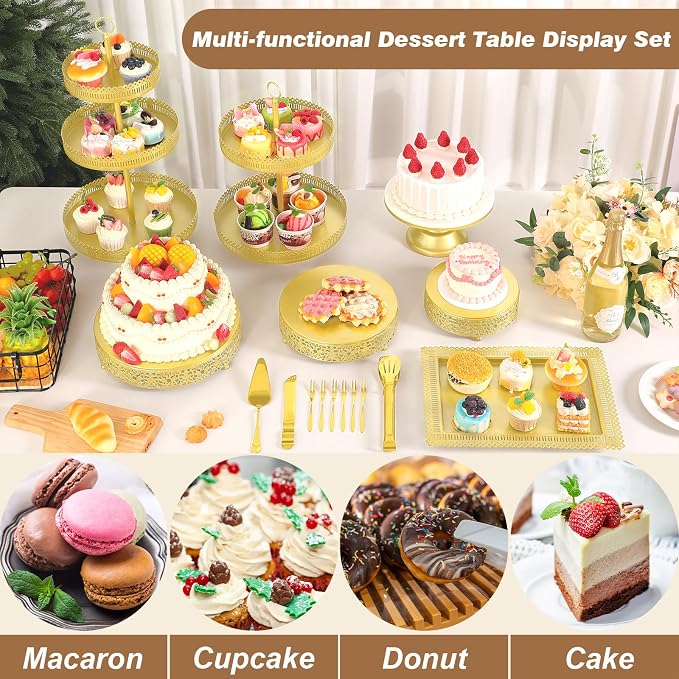 Wenqik 21 Pcs Gold Cake Stand Set Metal Dessert Display Set Tiered Cupcake Holder Square Serving Trays Round Tower Tray Platter for Wedding Birthday Party Celebration (Elegant Style)