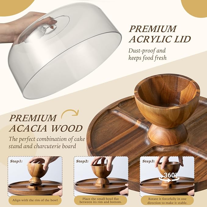 Cake Stand with Lid, 2 in 1 Acacia Wood Acrylic Dome, No Glass, 12in | 2 In 1 Cake Stand & Charcuterie Board, More Stable and Large, Suitable for Various Party Scenes, Inclued EDIBLE PENS with DIY