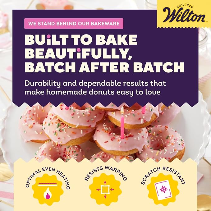 Wilton Gold Non-Stick Donut Pan Set - Quality Baking Pan - Dishwasher Safe & Scratch Resistant - Made Without PFAS - 12.5 x 8 x 1 Inch, 2-Piece Set