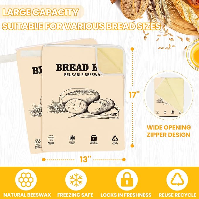 2 Pack Wide Zipper Access Beeswax Bread Bags for Sourdough Bread, Reusable Organic Linen Beeswax Bread Bag for Homemade Sourdough for Homemade Bag to Keep Fresh Longer (Beige-1)"