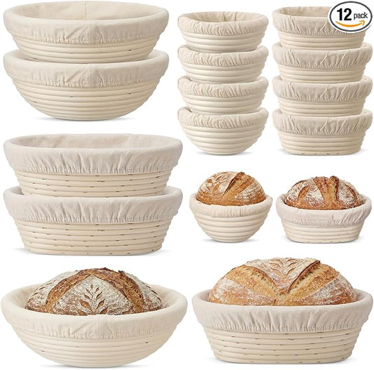 Set of 12 Banneton Bread Proofing Basket with Liner, 5-inch 9-inch Round and 7-inch 10-inch Oval Small Mini Bread Proofing Sourdough Bowl for Sourdough Making, Baking Supplies for Home Bakery