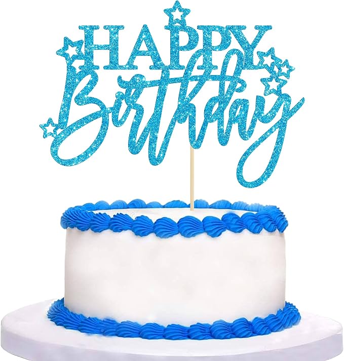 Gyufise 1Pcs Happy Birthday Cake Topper Glitter Happy Birthday Cake Pick for Celebrating Happy Birthday Anniversary Theme Party Cake Decorations Supplies Light Blue