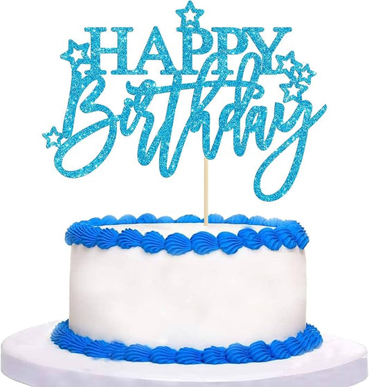 Gyufise 1Pcs Happy Birthday Cake Topper Glitter Happy Birthday Cake Pick for Celebrating Happy Birthday Anniversary Theme Party Cake Decorations Supplies Light Blue