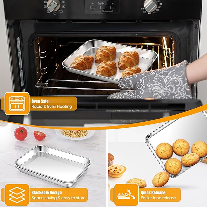 Homikit 4 Pack Baking Sheet, 10x8 Inch Stainless Steel Cookie Tray Set for Cooking Toasting, Small Metal Toaster Oven Baking Pan Non Stick, Rustproof & Mirror Finish, Dishwasher Safe