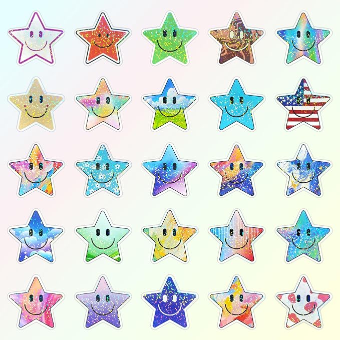 50PCS Smile Star Stickers, Glitter Stickers | Cute Water Bottle Stickers for Kids, Teaching Rewards, Notebooks, Stationery, Luggage, Cartoon PVC Smile Face Stickers
