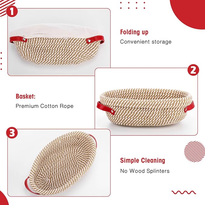 Gejoy 4 Pcs 10 Inch Cotton Rope Banneton Bread Proofing Basket Set Oval Bread Baskets with Liners & Covers Proofing Baskets for Sourdough Baking with 4 Strickle for Home Bakers Wife Mom(Yellow, White)