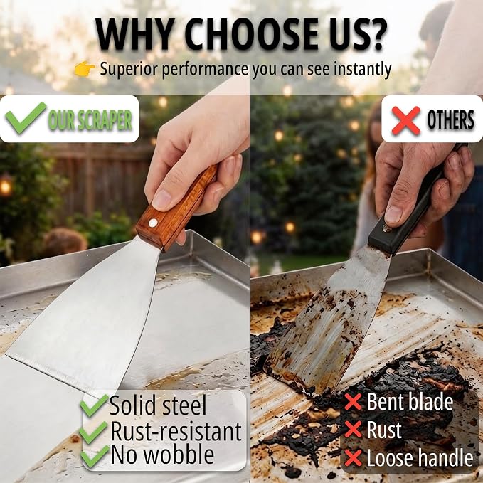 Griddle Scraper, Heavy Duty Stainless Steel Grill Scraper with Handle – Durable Griddle Scrapers for Flat Tops, Flat Top Grill Cleaner & BBQ Tools for Outdoor Grill, Easy Grease Removal (Style 03)