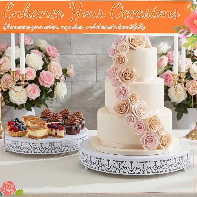 Wenqik 2 Pack Cake Stand Set, 14/16 Inch Metal Round Cupcake Dessert Stand Decorative Elegant Cake Display for Weddings Party Birthday Baby Showers Anniversary(Classic Floral,White)