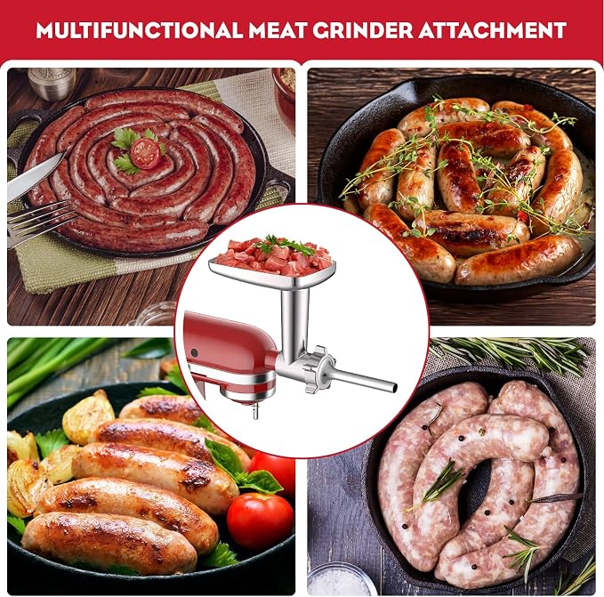 Meat Grinder & Stainless Steel Slicer Shredder Attachment for KitchenAid Stand Mixer, Includes Metal Food Grinder Attachment with Sausage Stuffer Tubes and Salad Machine Accessory by InnoMoon