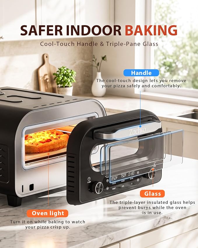 Countertop Electric Pizza Oven, 850°F, for Home Pizza Nights | 90-Second 12 Inch Pizza, PID Top & Bottom Temp Control, Dual Knobs for Time & Temp, Always-On Light