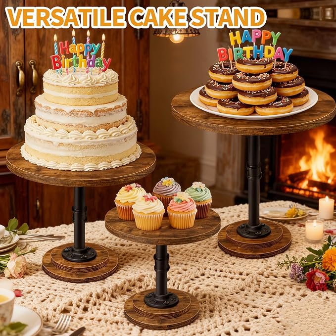 Cake Stand Rustic Industrial Wood Round Cupcake Stands Cake Stand Set of 3 Dessert Table Display Set Serving Tray Decoration for Birthday Celebration Party Baby Shower