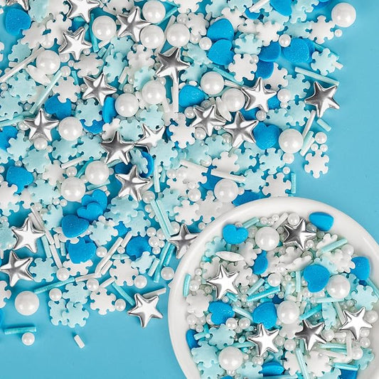 Edible Snowflake Sprinkles,Frozen Sprinkle for Cake,Blue Heart White Snowflake Silver Star Pearl Jimmies Mix,130g/4.58oz,Winter Snow Sugar Pearls Sprinkles for Decorations Baking,Cake Ice Cream Cookies Cupcake Topper Chocolate,Birthday Children Party D...