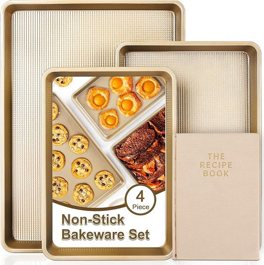 4 Pieces Baking Set | 3 Baking Pans & 1 Recipe Notebook Combo | Nonstick Cookie Sheets for Baking Supplies | No Rust & No Toxic Heavy Duty 3 Baking Trays 18''+15''+13'' & 1 Blank Recipe Book