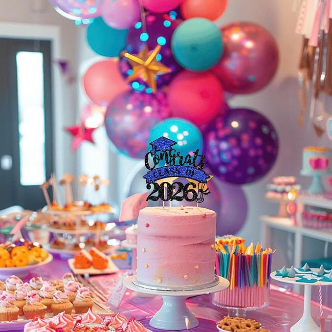 1 Pack Congrats Class of 2026 Cake Topper with Blue Glitter Diploma Graduation Cap Cake Pick Contrats Class of 2026 Cupcake Decorations for Graduation Theme High School Boys Girls