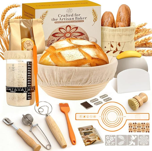 Complete Sourdough Starter Kit for Beginners & Bakers | Sourdough Bread Baking Supplies with Round Banneton Bread Proofing Basket, Bread Sling, Starter Jar, Dough Whisk, Scrapers, Bag & Manual