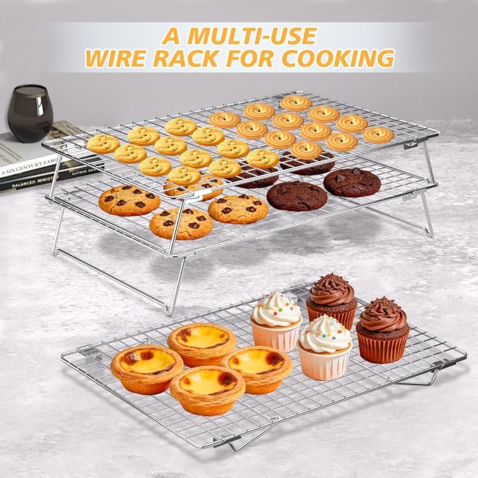Cooling Rack 13.4"x9.3",3-Tier Stackable Stainless Steel Wire Cookie Cooling Racks for Baking,Collapsible Cooling Racks for Cooking and Baking Cookie Pizza Cake, Oven and Dishwasher Safe