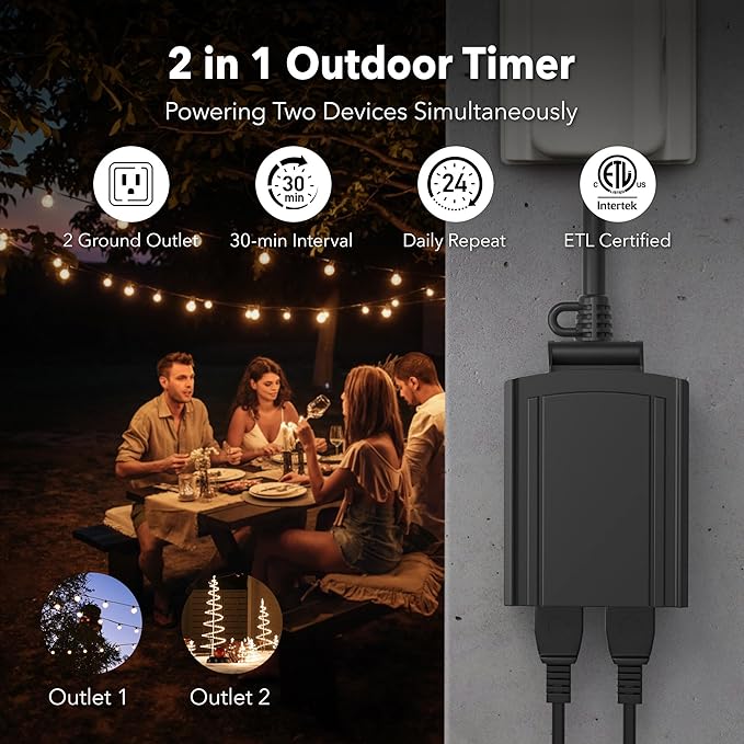 BN-LINK 24 Hour Heavy Duty Mechanical Timer, Outdoor Timer Outlet Waterproof with 30 Minutes Intervals, 2 Grounded Outlets for Christmas Lights Pool Pump,15A 1/2HP, ETL Listed（2 Pack）