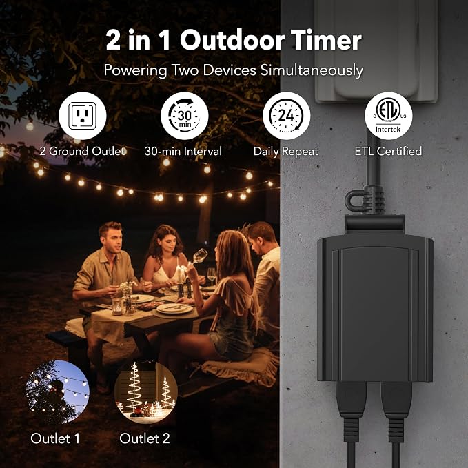 BN-LINK 24 Hour Heavy Duty Mechanical Timer, Outdoor Timer Outlet Waterproof with 30 Minutes Intervals, 2 Grounded Outlets for Christmas Lights Pool Pump,15A 1/2HP, ETL Listed