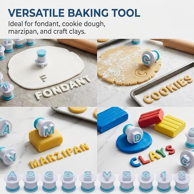 36 Pieces Alphabet Cookie Cutter Set,Include 26 Uppercase Letters and 10 Number Fondant Cake Biscuit Mold, Cake Decorating Tools, Cookie Stamp Impress,DIY Sugar Chocolate Plunger (Blue)