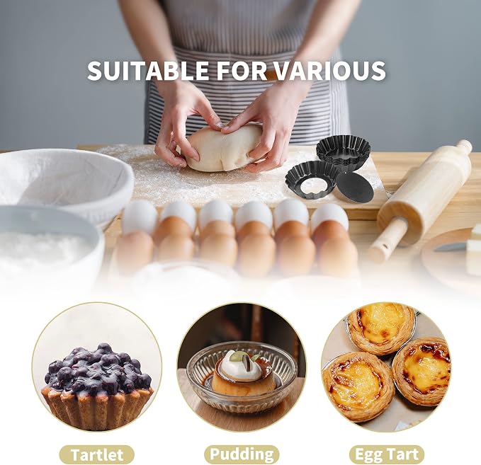 16 Pcs 4 Inch Tart Pans with Removable Bottom, Nonstick Mini Quiche Pan Fluted Sided, Round Tart Pans Carbon Steel for Baking, Fruit Tart, Pies (Dark Gray)
