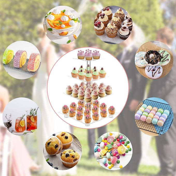 YestBuy 4 Tier Acrylic Cupcake Stand with 6“ Between Two Layers, Clear Cupcake Tower Stand for 50 Cupcakes, Cupcake Holder for Birthdays, Weddings, Baby Showers and Candy Bar
