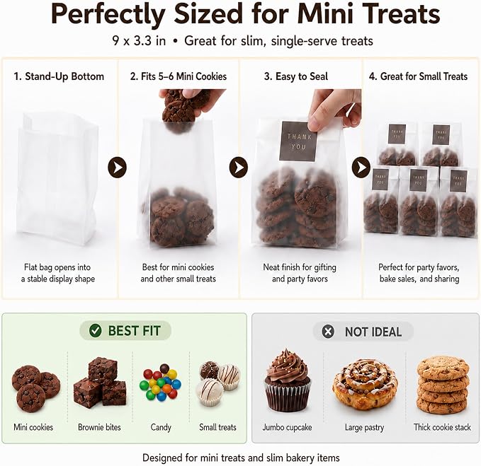 Cookie Bags for Packaging, 100 Pack Treat Bags with Thank You Stickers, 9 x 3.4 Inch for Individual Muffins, Brownies, Candy, Party Favors and Graduation Gift Bags
