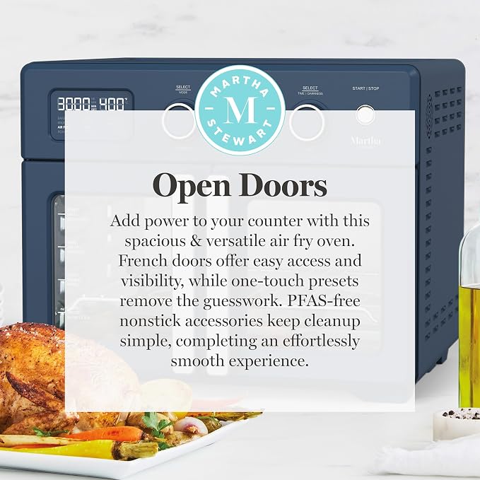 Martha Stewart French Door Air Fryer Toaster Oven Combo, 34QT Countertop Convection, 12-in-1, Bake, Broil, Roast, Fits 12” Pizza, Dehydrate, 5 Accessories, Air Fry Basket, Stainless Steel, Indigo Blue