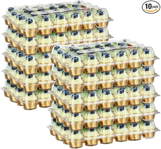 24 Pack x 10 Sets Count Cupcake Containers, Plastic Disposable Cupcake Boxes Holder, Stackable Clear Cupcake Carrier with High Tall Dome Lid