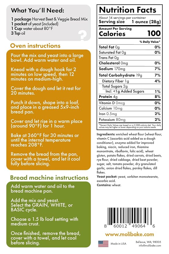 Molibake Harvest Beet & Veggie Bread Mix 15 oz Inspired by Borscht, Beet Bread Mix