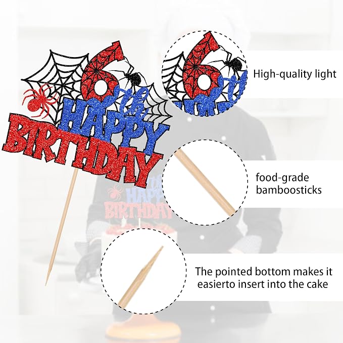 1 PCS Happy 6th Birthday Cake Topper Glitter Spider Web Cheers to 6 Years Six Birthday Cake Pick Superhero Spider Party Decorations for Boys Girls Happy 6th Birthday Party Cake Decorations Supplies