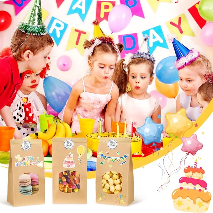 Ocmoiy Medium Bakery Cookie Bags with Window, 4.5x2.36x9.6 Inches, 100 Pcs | Tin Tie Tab Lock, Kraft Paper Bags, With Thank You Stickers, For Cookie, Coffee, Bread