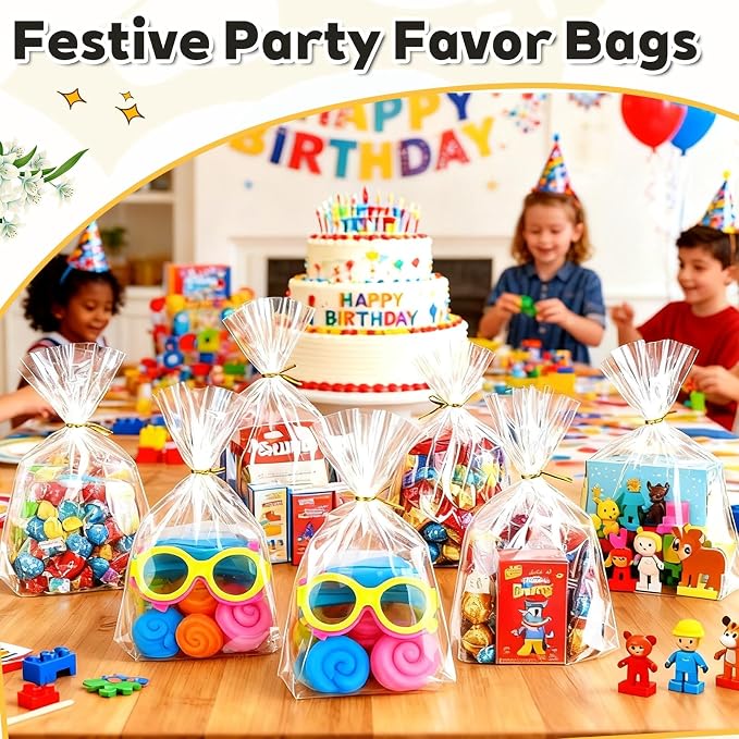 PigPotParty Cellophane Bags 8x11 Inch,100 Pack Clear Plastic Gift Bags with Bottom Gusset for Stand-Up Display, Medium Cello Gift Wrap for Goodies, Treats, Party Favors, Mugs, Includes 100 Gold Ties