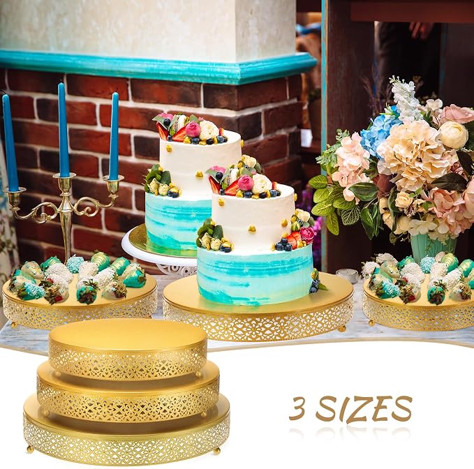 Wenqik 3 Pcs Cake Stand 16'' 14'' 12'' Round Metal Cake Stand Bases Display Holder Cookies Serving Tray Display Plate Cupcake Dessert Pastry Riser for Wedding Birthday Party(Vintage Style,Gold)