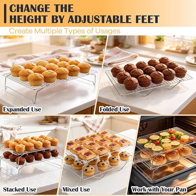 P&P CHEF 4 Tier Cooling & Baking Racks, Stainless Steel Stackable Grid Cooking Rack for Cooling Roasting Grilling, Collapsible & Heavy Duty, Oven & Dishwasher Safe, 15" x 10"