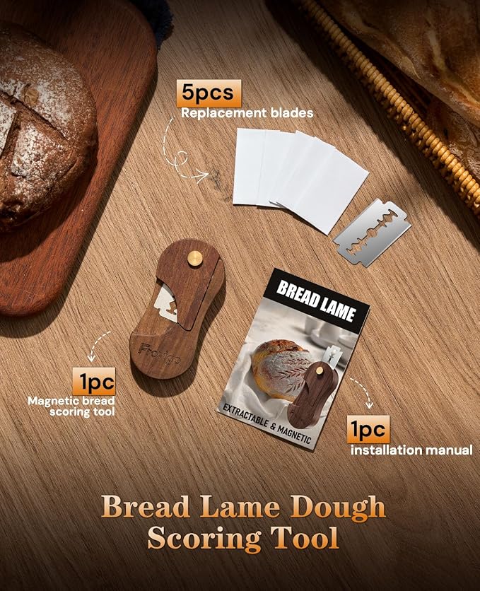 Bread Lame, Scoring Tool for Sourdough with 5 Retractable Razor Blades, Professional Dough Scorer with Magnetic Safety Design, Bread Slashing Tool, Sourdough Knife Supplies for Baking (Walnut)