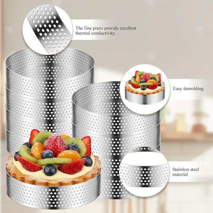 20 Pcs 3.15'' Perforated Tart Rings, Round Stainless Steel Baking Nonstick Metal Round Cake Ring for Cookies fruit tarts Prevent Soggy Crust & Even Baking