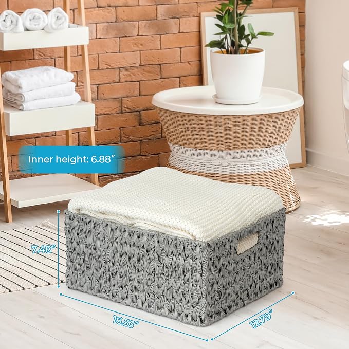 JS HANGER Large Woven Rattan Storage Basket with Handle for Organizing Waterproof Plastic Wicker Basket for Bathroom, Living Room 16.53’’ x 12.8’’ x 7.5’’ Grey